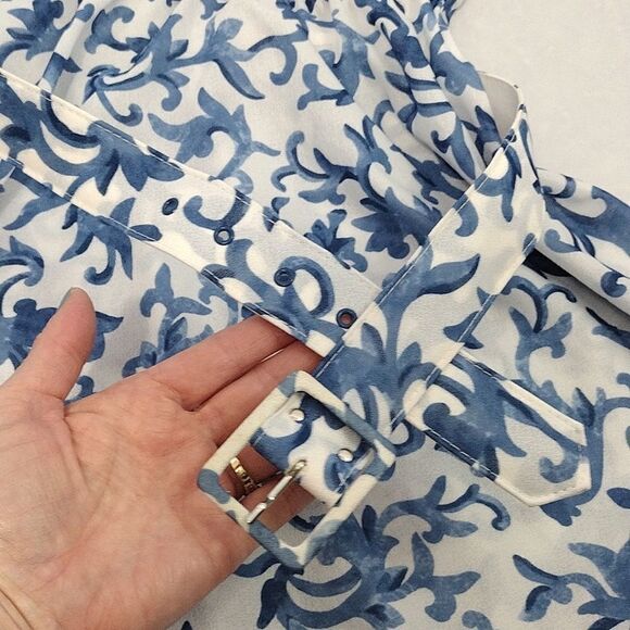 VTG 80s White Blue Floral Belted Midi Dress Size 20P *fits like XL Petite - Picture 7 of 16
